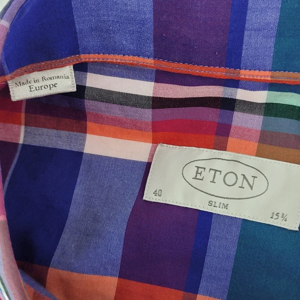 Eton Button Down Shirt 15.75 40 Multicolor Plaid‎ Slim Fit Cotton Mens